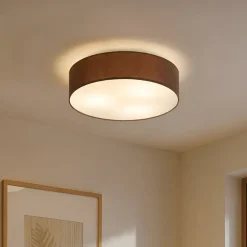 Lindby loftlampe Sebatin, Ø 50 cm, lysebrun, stof, E27