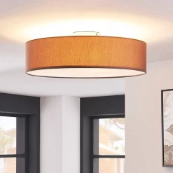 Lindby loftlampe Sebatin, Ø 50 cm, lysebrun, stof, E27