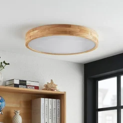 Lindby loftlampe Tanju, Ø 60 cm, 5 lyskilder, egetræ, E27