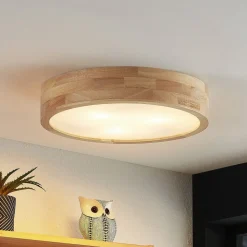 Lindby loftlampe Tanju, Ø 40 cm, 3 lyskilder, egetræ, E27