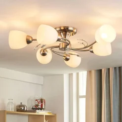 Lindby loftlampe Tatas, Ø 64 cm, nikkel, 6 lyskilder, glas