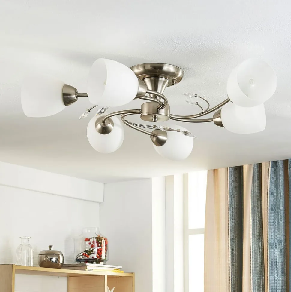 Lindby loftlampe Tatas, Ø 64 cm, nikkel, 6 lyskilder, glas