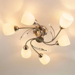 Lindby loftlampe Tatas, Ø 64 cm, nikkel, 6 lyskilder, glas