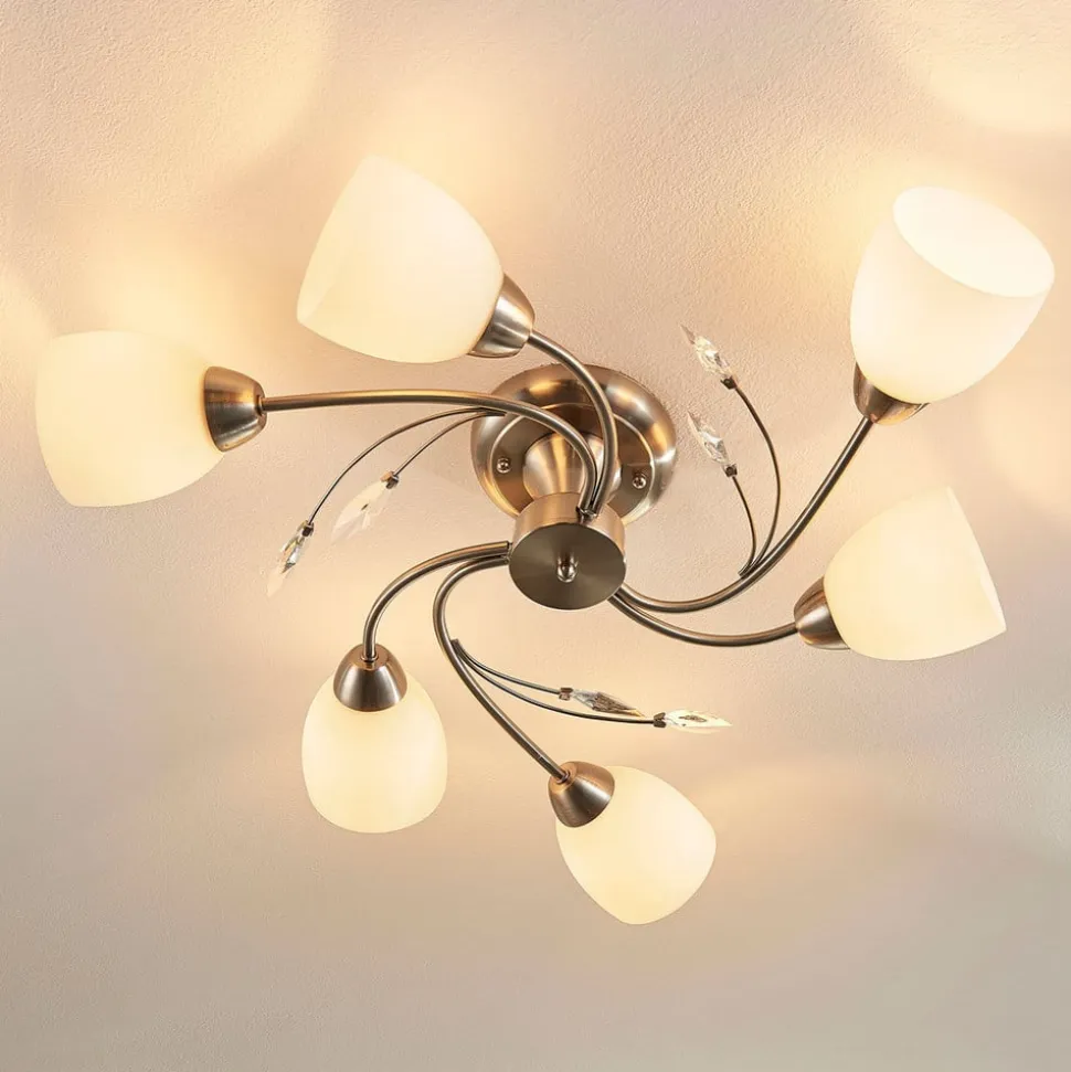 Lindby loftlampe Tatas, Ø 64 cm, nikkel, 6 lyskilder, glas