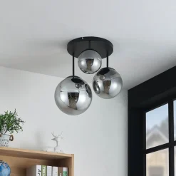 Lindby loftlampe Teeja, smoke, 3 lyskilder, Ø47cm, glas, E27