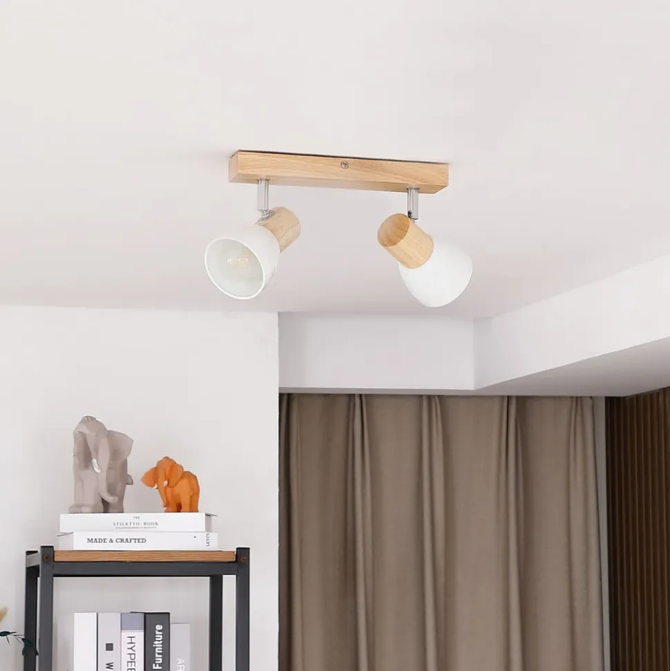 Lindby loftlampe Thorin, 27 cm, 2 lyskilder, hvid, træ, E14