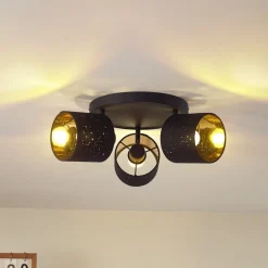 Lindby loftlampe Vasilia, 3 lyskilder, sort/guld, stof