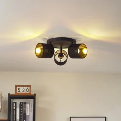 Lindby loftlampe Vasilia, 3 lyskilder, sort/guld, stof