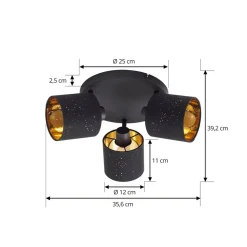 Lindby loftlampe Vasilia, 3 lyskilder, sort/guld, stof