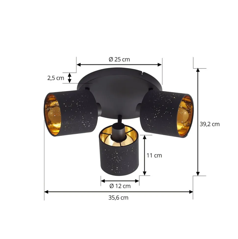 Lindby loftlampe Vasilia, 3 lyskilder, sort/guld, stof