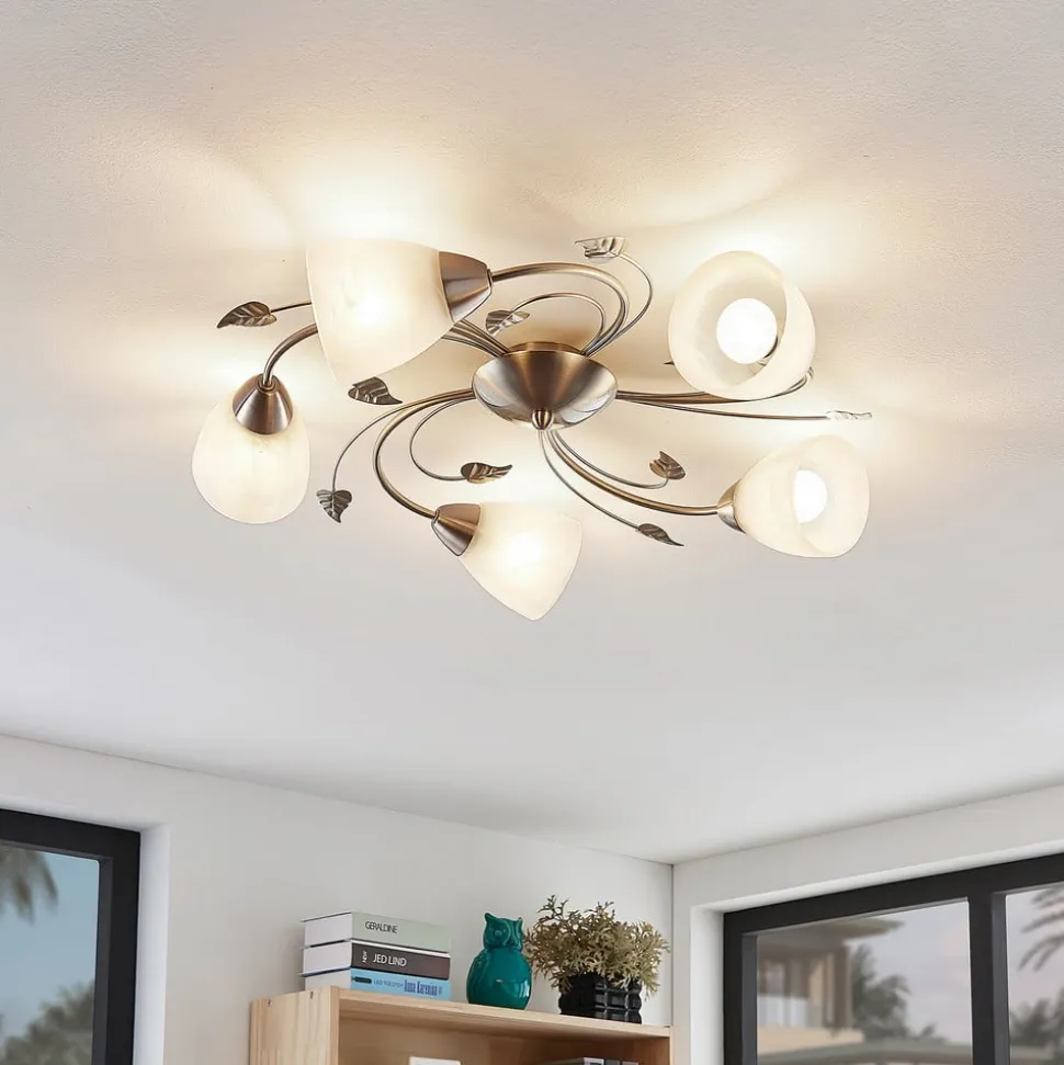 Lindby loftlampe Yannie, 5 lyskilder, 60 cm, nikkel/hvid, glas