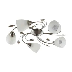 Lindby loftlampe Yannie, 5 lyskilder, 60 cm, nikkel/hvid, glas