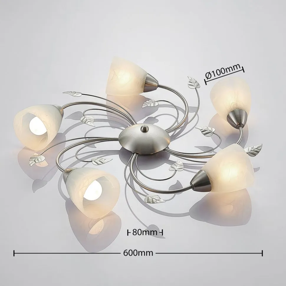 Lindby loftlampe Yannie, 5 lyskilder, 60 cm, nikkel/hvid, glas