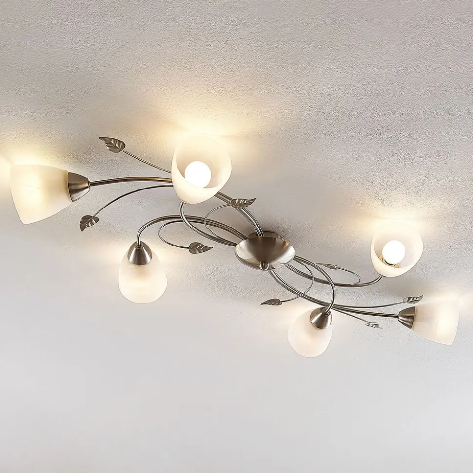 Lindby loftlampe Yannie, 6 lyskilder, 106 cm, nikkel/hvid, glas