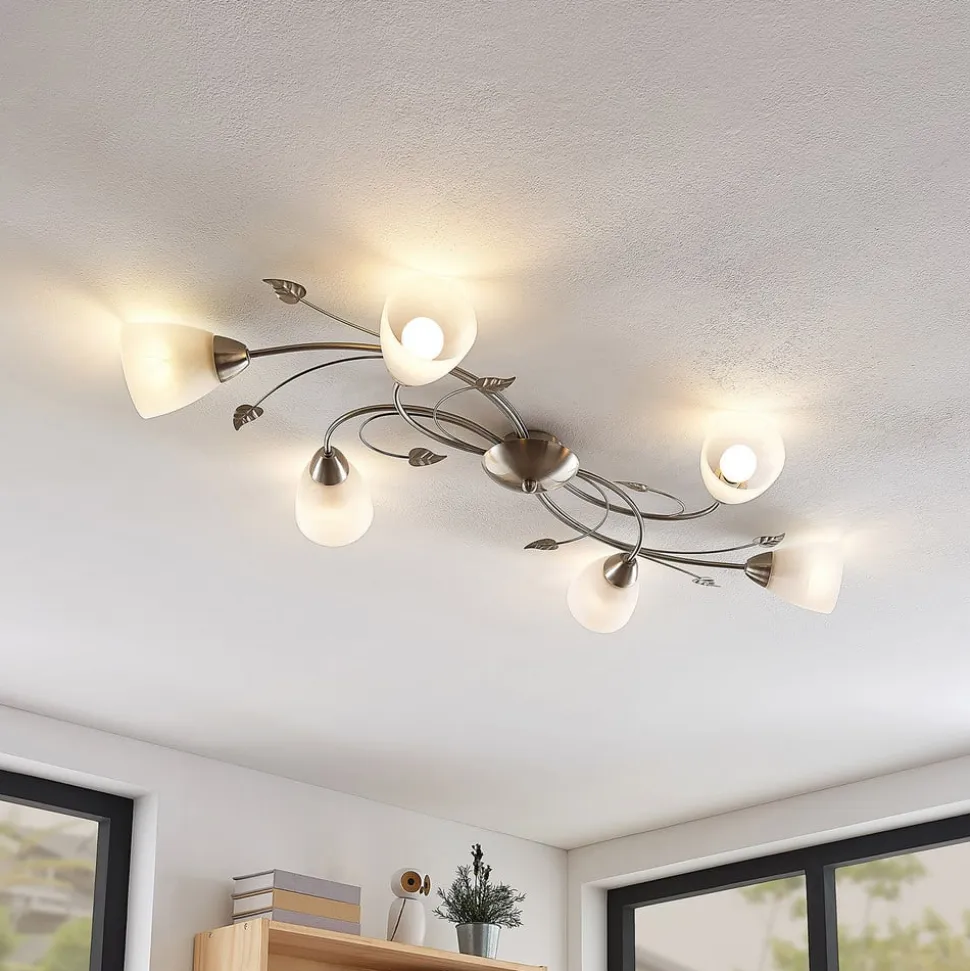 Lindby loftlampe Yannie, 6 lyskilder, 106 cm, nikkel/hvid, glas