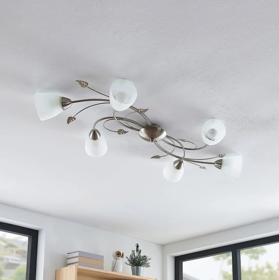 Lindby loftlampe Yannie, 6 lyskilder, 106 cm, nikkel/hvid, glas