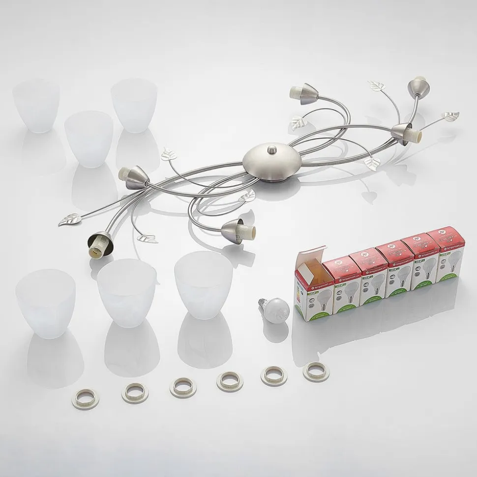Lindby loftlampe Yannie, 6 lyskilder, 106 cm, nikkel/hvid, glas