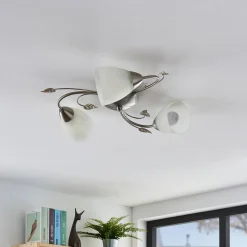 Lindby loftlampe Yannie, 3 lyskilder, 50 cm, nikkel/hvid, glas