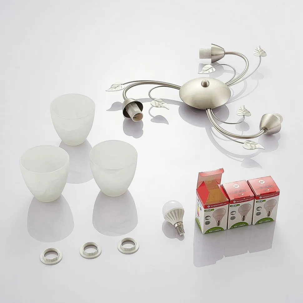 Lindby loftlampe Yannie, 3 lyskilder, 50 cm, nikkel/hvid, glas