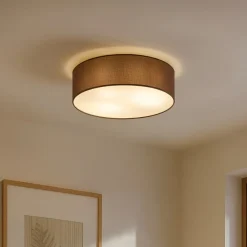 Lindby loftslampe Sebatin, Ø 40 cm, lysebrun, stof, E27