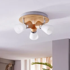 Lindby loftslampe Vivica, Ø 26 cm, krom/træ, 3 lyskilder