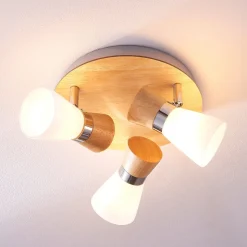 Lindby loftslampe Vivica, Ø 26 cm, krom/træ, 3 lyskilder