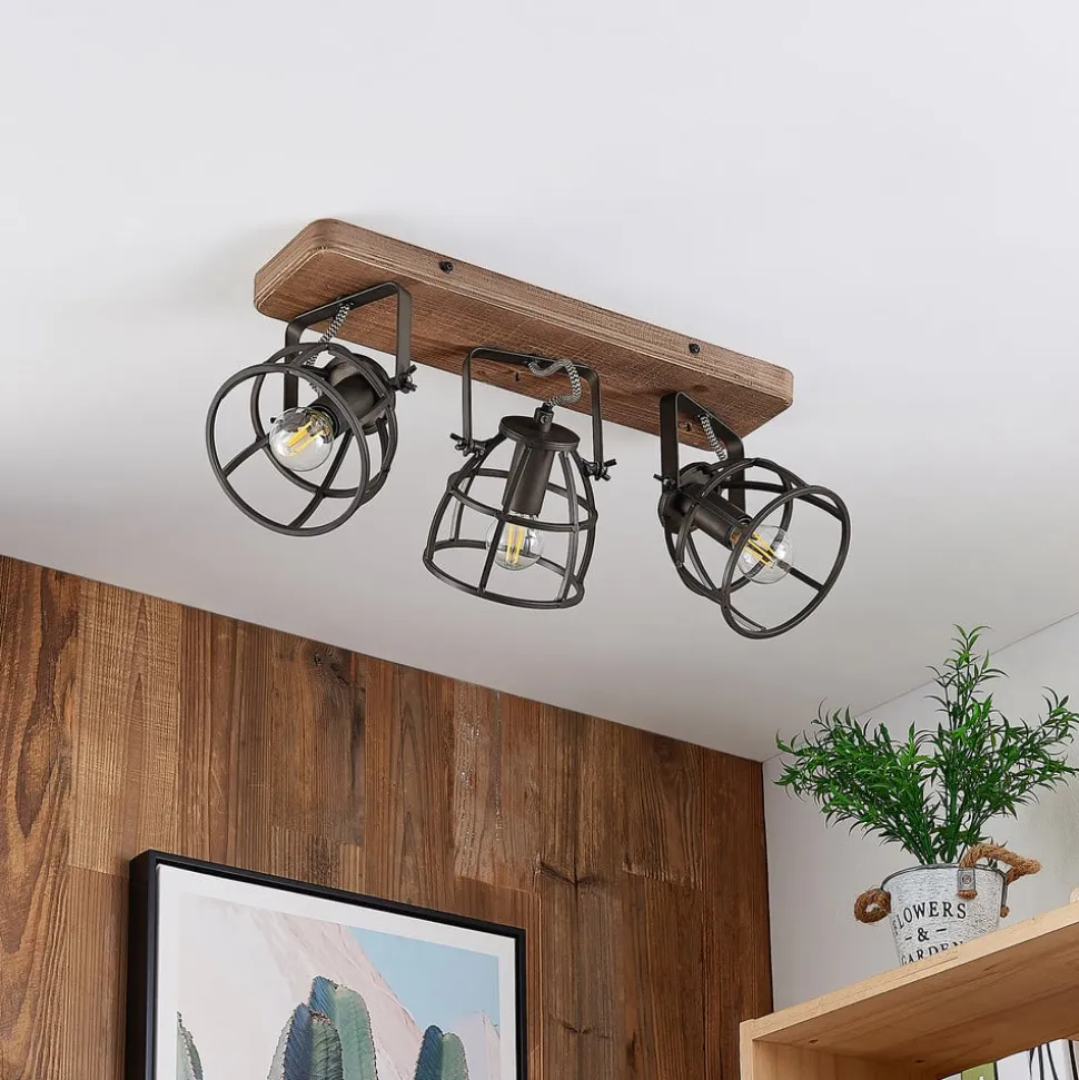 Lindby loftspot Rutger, 52 cm, 3 lyskilder, træ, bur, E14