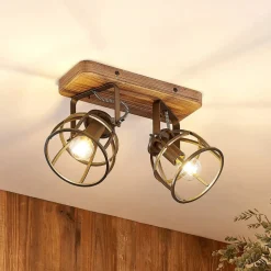 Lindby loftspot Rutger, 36 cm, 2 lyskilder, træ, bur, E14