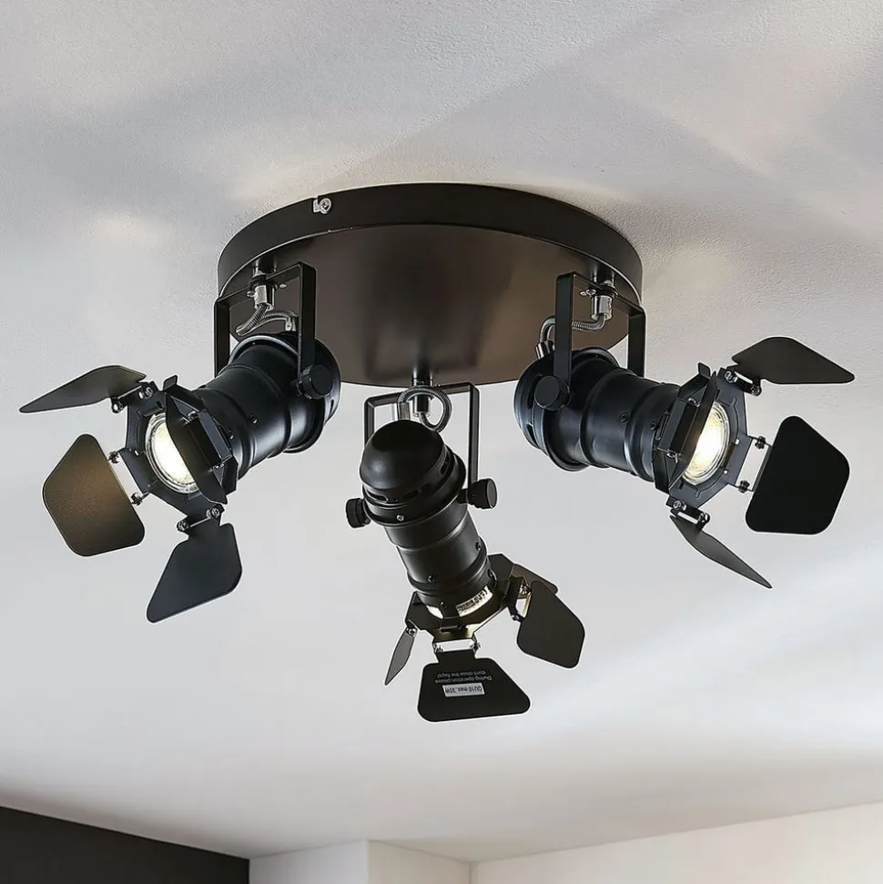 Lindby loftspot Tilen, 3 lyskilder, sort, metal, Ø 54cm