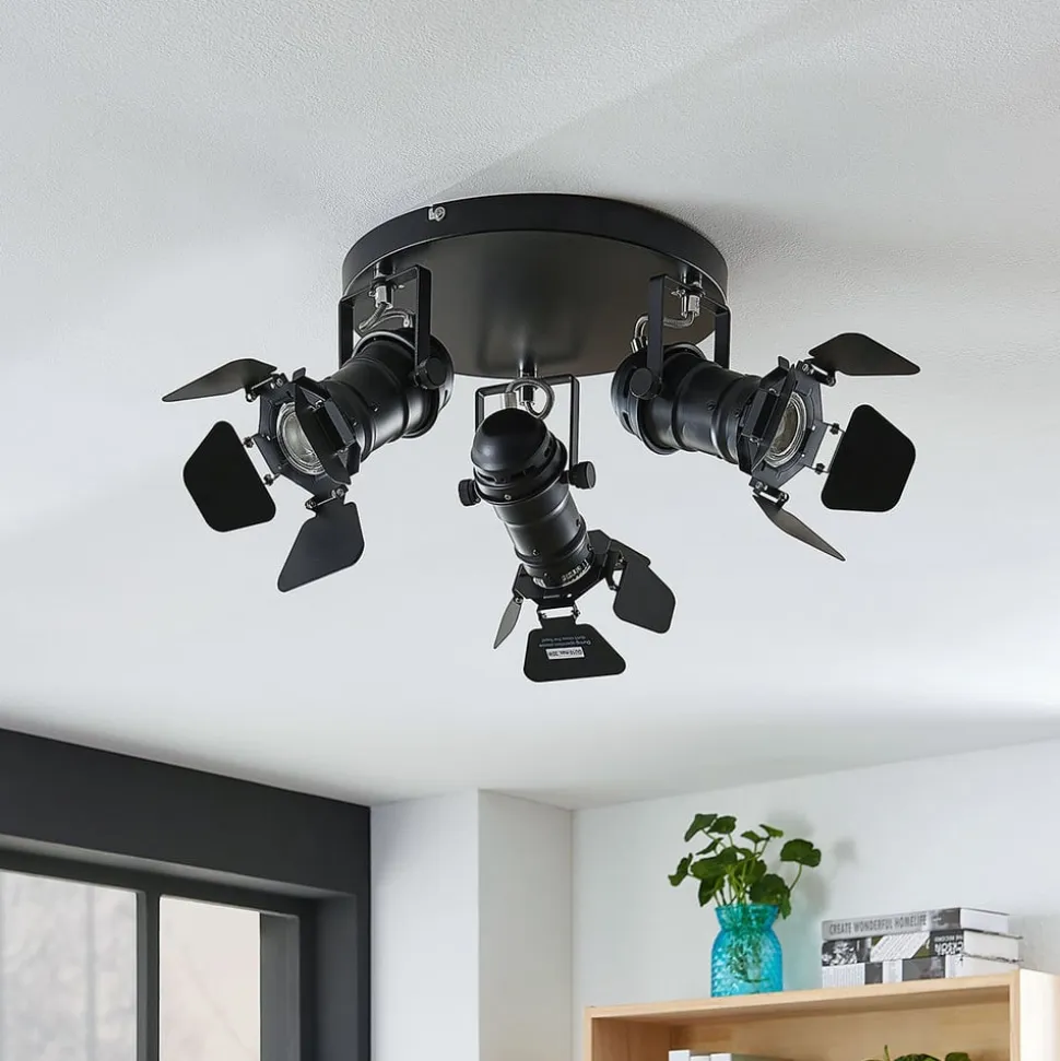 Lindby loftspot Tilen, 3 lyskilder, sort, metal, Ø 54cm