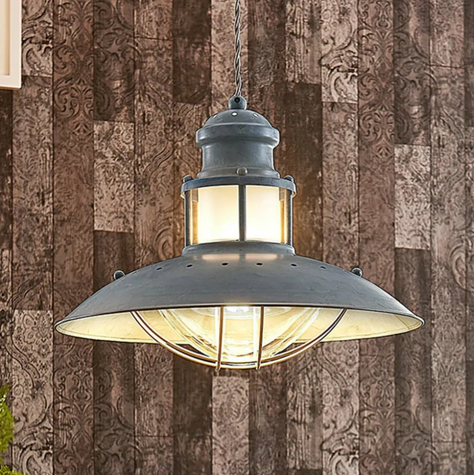 Lindby Louisanne pendellampe, Ø35cm, grågrøn, metal, glas