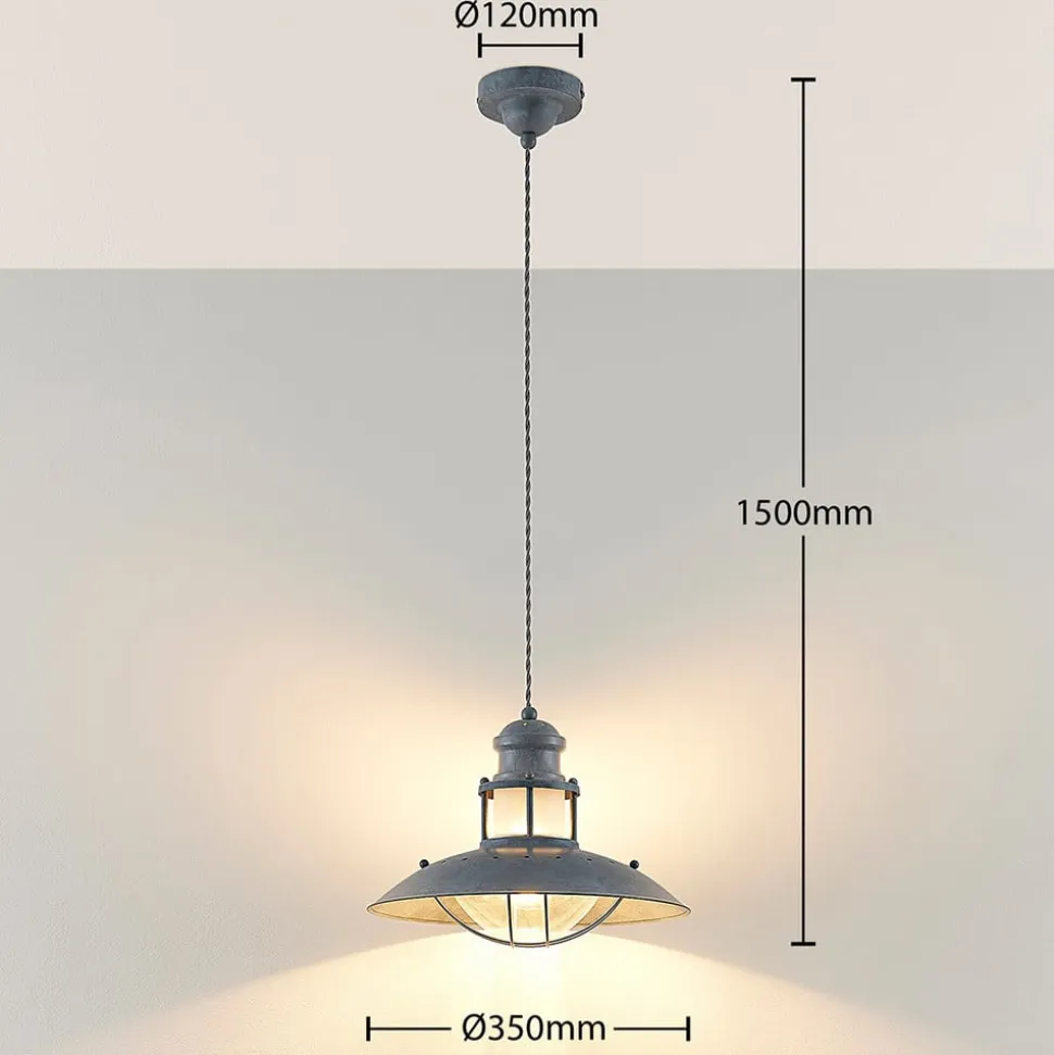 Lindby Louisanne pendellampe, Ø35cm, grågrøn, metal, glas