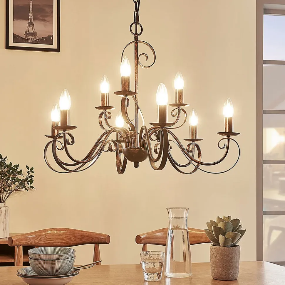 Lindby lysekrone Caleb, 9 lyskilder, rustfarvet, metal, E14