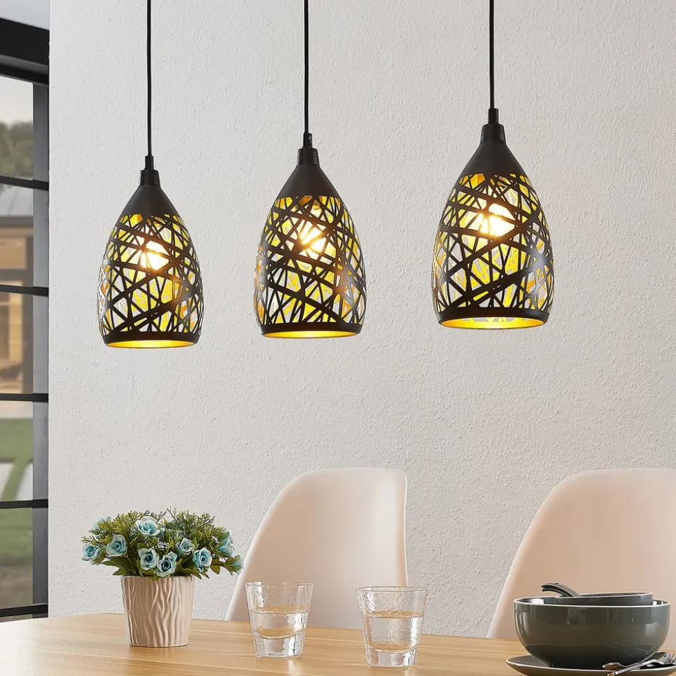 Lindby Marcello pendellampe, 75 cm, 3 lyskilder, sort-guld
