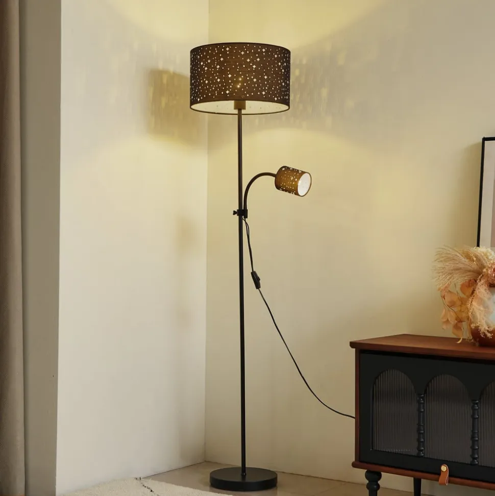 Lindby Melanie gulvlampe, sort, stof, Ø 36 cm, 2 lyskilder.