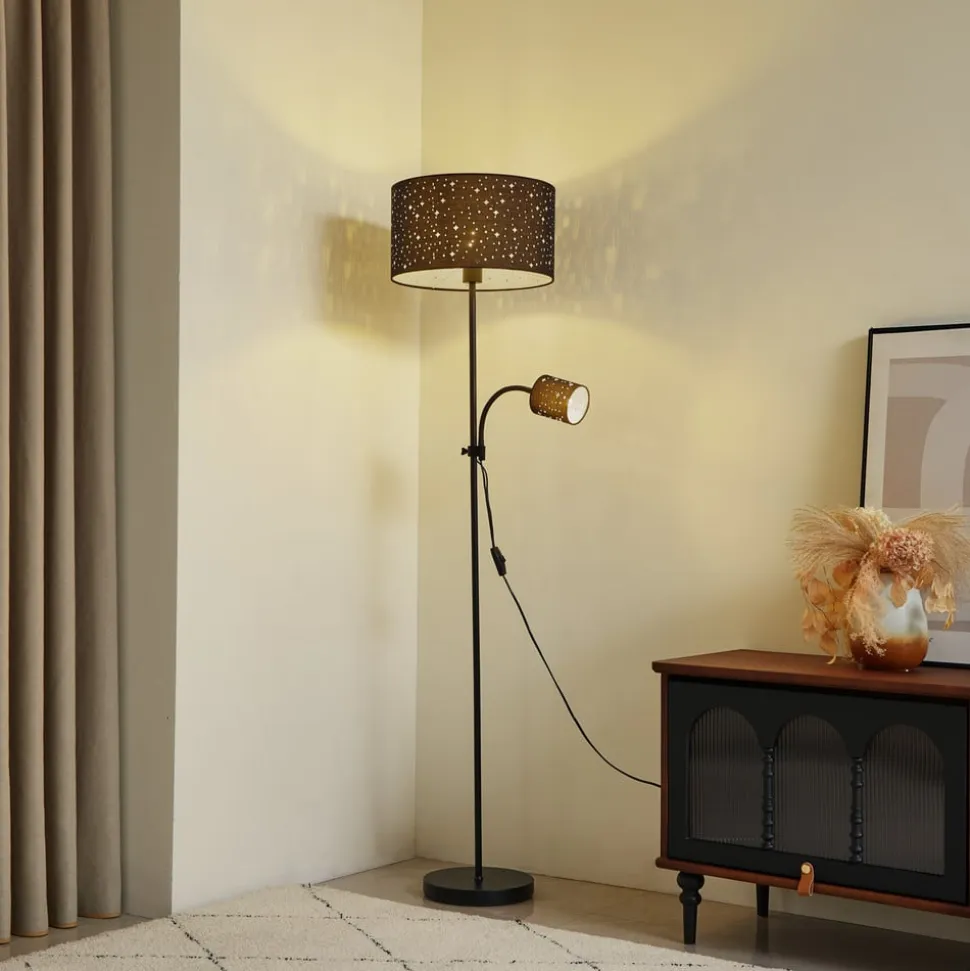 Lindby Melanie gulvlampe, sort, stof, Ø 36 cm, 2 lyskilder.