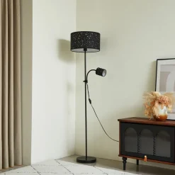 Lindby Melanie gulvlampe, sort, stof, Ø 36 cm, 2 lyskilder.