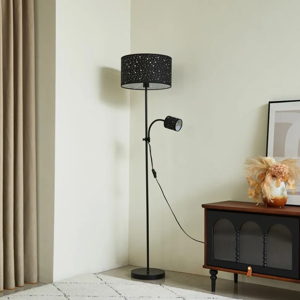 Lindby Melanie gulvlampe, sort, stof, Ø 36 cm, 2 lyskilder.