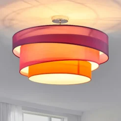 Lindby Melia loftlampe, lilla/pink/orange, tekstil, Ø56cm