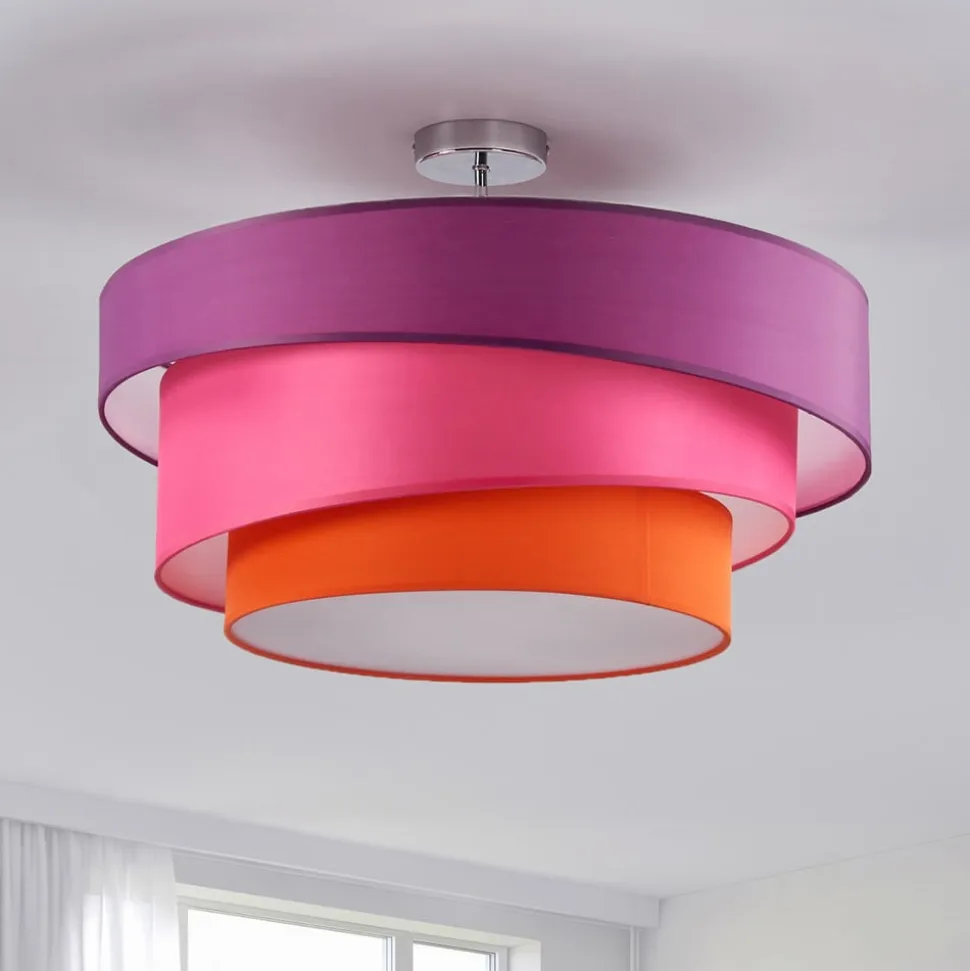 Lindby Melia loftlampe, lilla/pink/orange, tekstil, Ø56cm