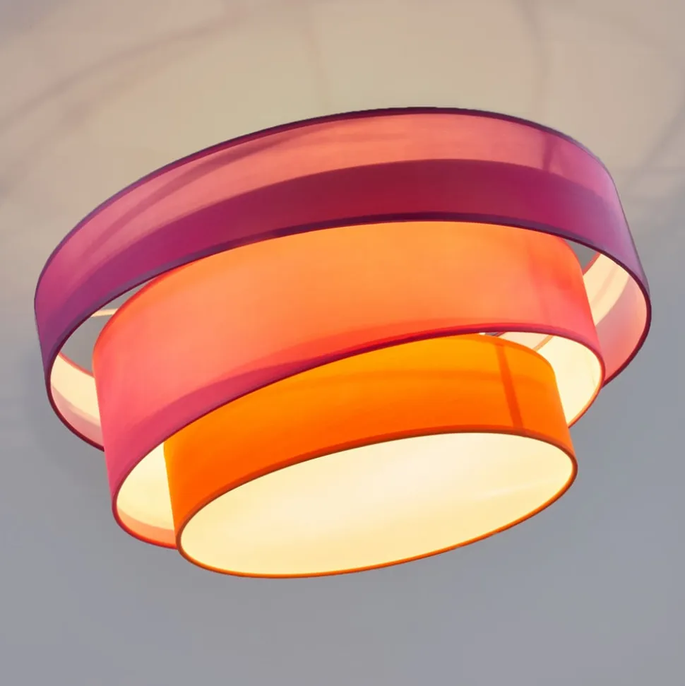 Lindby Melia loftlampe, lilla/pink/orange, tekstil, Ø56cm
