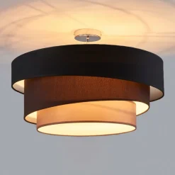 Lindby Melia loftlampe, sort/brun, tekstil, Ø 56cm