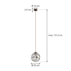 Lindby pendel Valentina, E27, Ø 25 cm, røgfarvet grå, glas