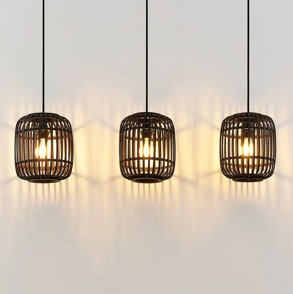 Lindby pendellampe Canyana, sort, 3-lys, rattan, 105 cm
