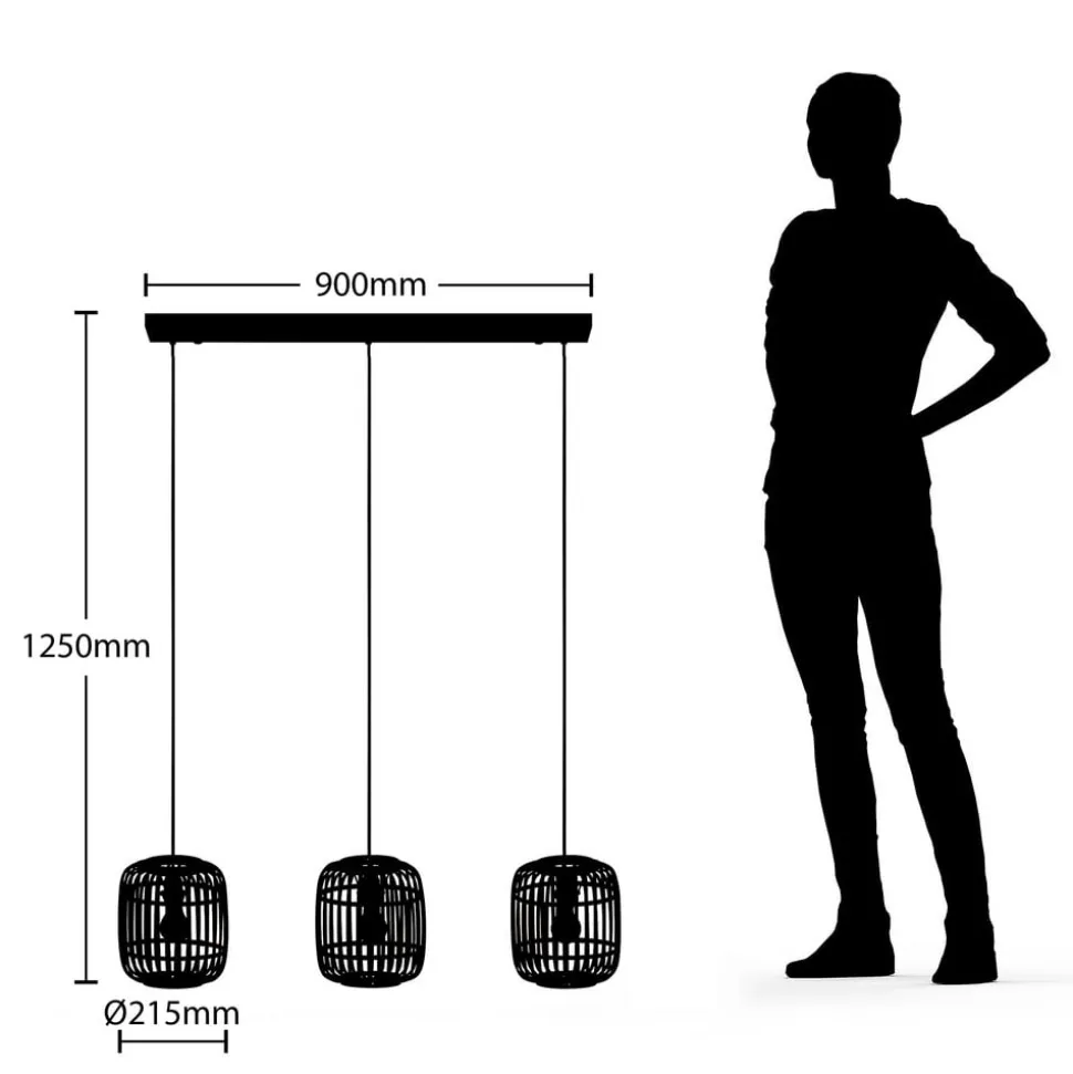 Lindby pendellampe Canyana, sort, 3-lys, rattan, 105 cm