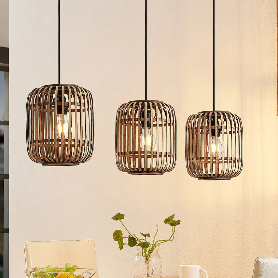 Lindby pendellampe Canyana, natur, 3 lyskilder, rattan, 105 cm