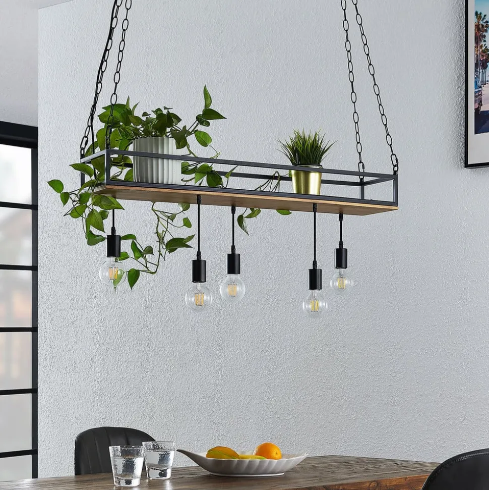 Lindby pendellampe Kirista, 5 lyskilder, sort, træ, 100 cm