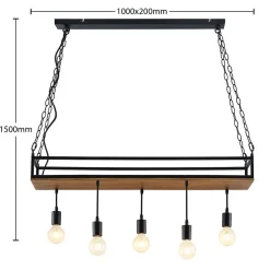 Lindby pendellampe Kirista, 5 lyskilder, sort, træ, 100 cm