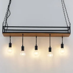 Lindby pendellampe Kirista, 5 lyskilder, sort, træ, 100 cm