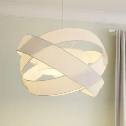 Lindby pendellampe Simaria, hvid, tekstil, Ø 60 cm, E27